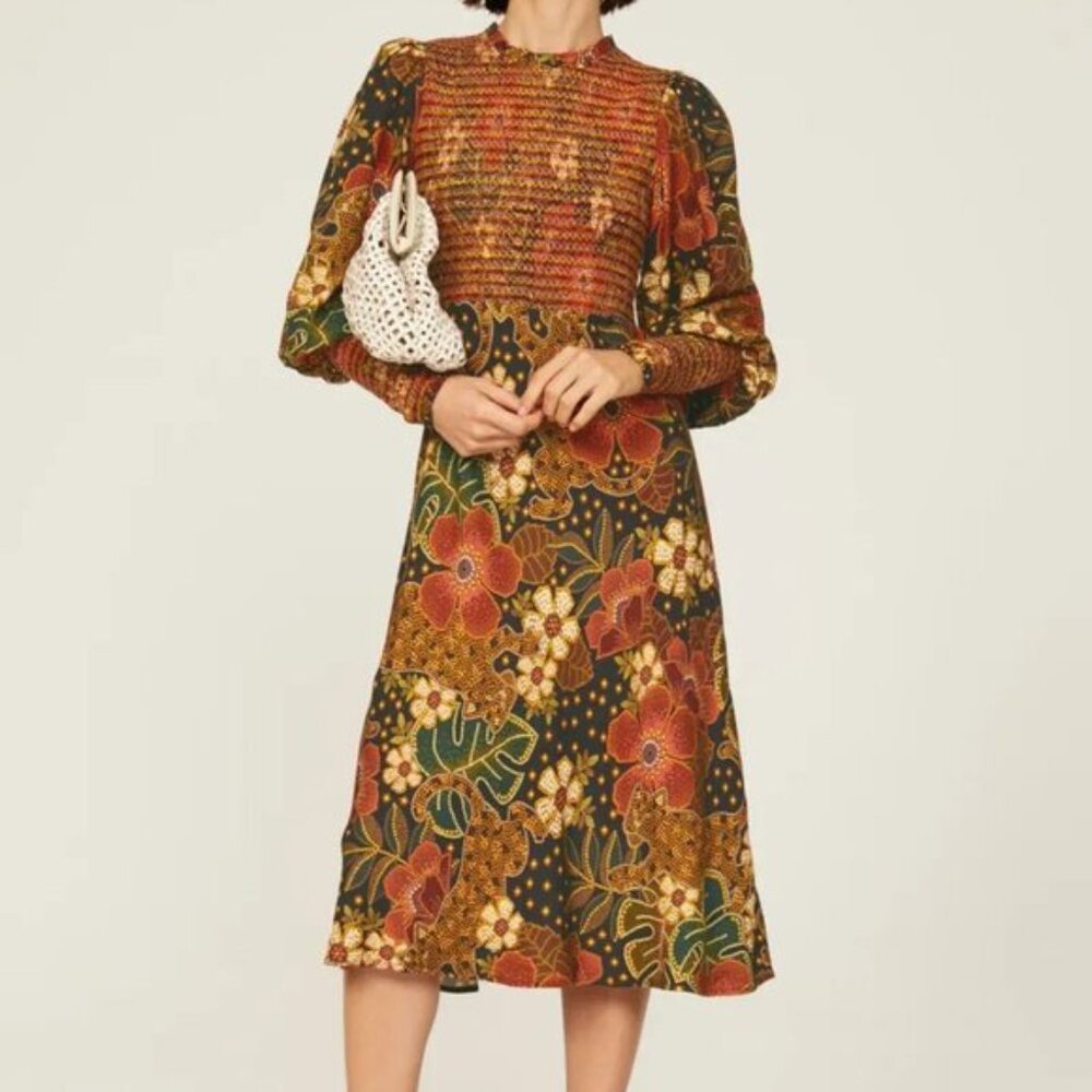 Farm Rio Flowered Leopards Midi Dress Smocked Long Sleeve Small